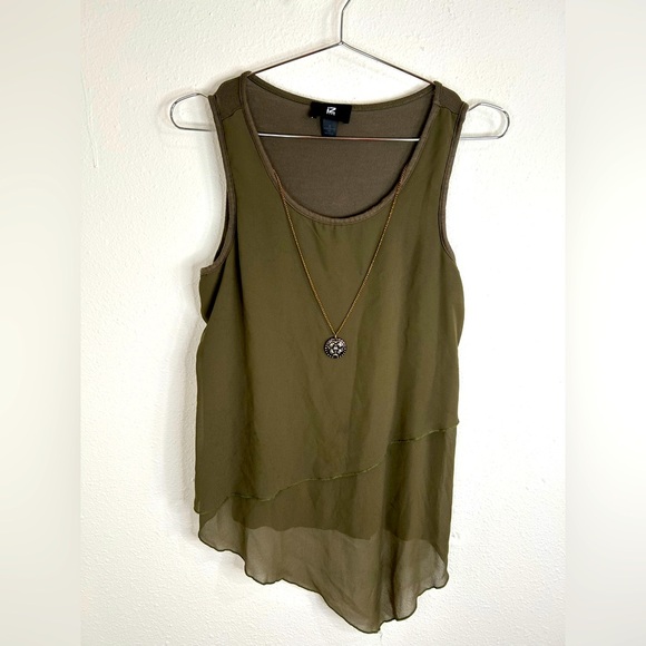 iZByer Women Olive Green Sleeveless High-Low Tank Top Blouse Small Flowy Layered - Picture 3 of 8